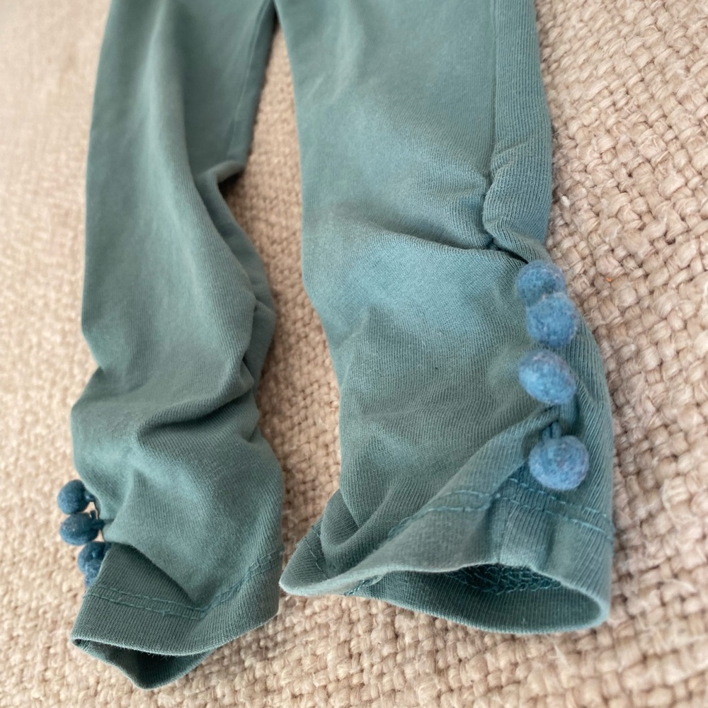 Soft Teal Leggings, with ruching and fun Pom Pom detail at the ankle
